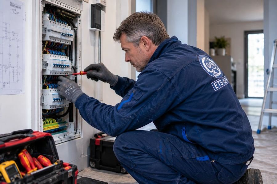 Électricien ETS-BZH remettant aux normes un tableau électrique