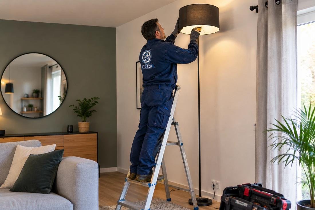 Électricien ETS-BZH installant un luminaire sur escabeau